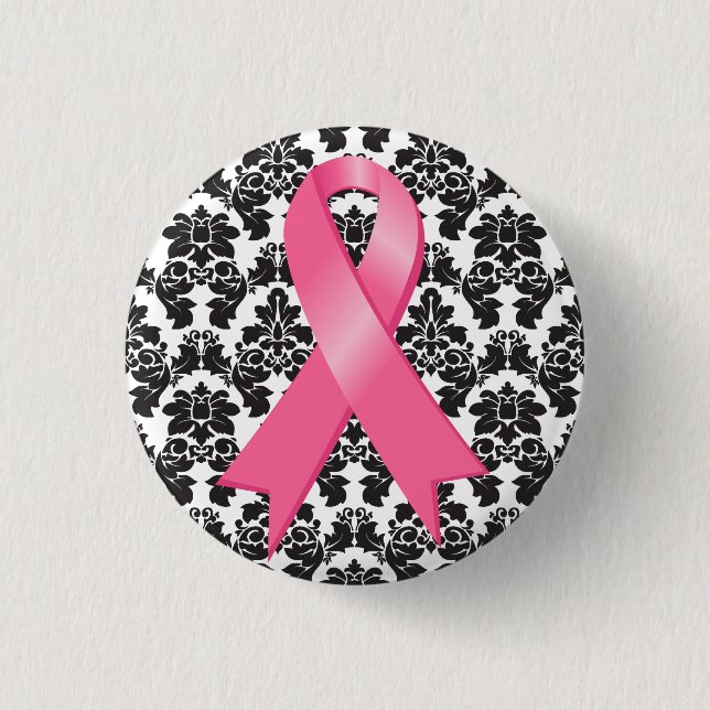 Breast Cancer Damask Pink Ribbon Button (Front)