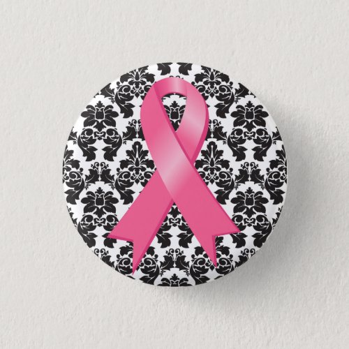 Breast Cancer Damask Pink Ribbon Button