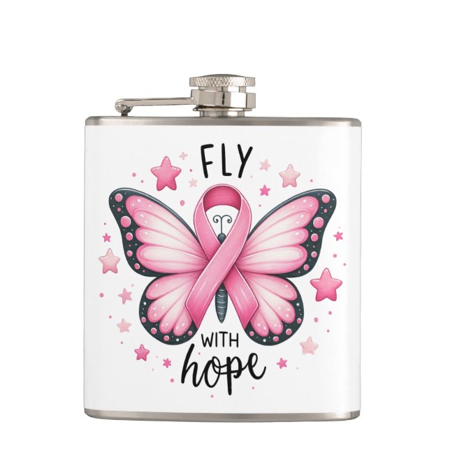 Breast Cancer Fighter Pink Ribbon Butterfly  Flask (Front)