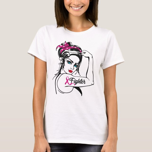 Breast Cancer Fighter Rosie The Riveter Pink T-Shirt (Front)