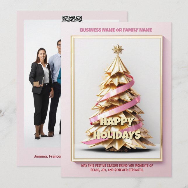 Breast cancer gold pink Christmas tree business  Holiday Card (Front/Back)