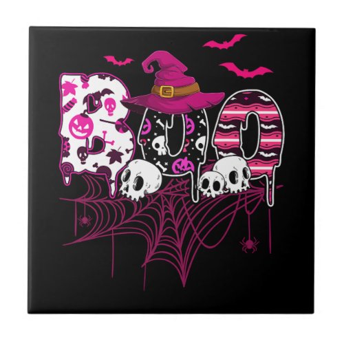 Breast Cancer Halloween Costume Boo With Witch Hat Ceramic Tile