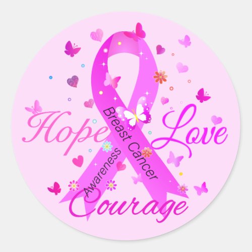 Breast Cancer Hope Love Courage Classic Round Sticker