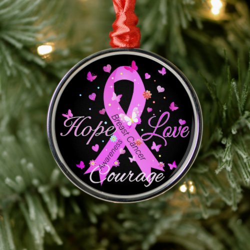 Breast Cancer Hope Love Courage Metal Ornament