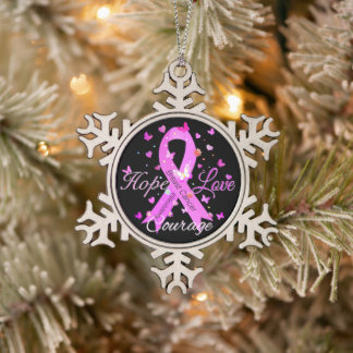 Breast Cancer Hope Love Courage Snowflake Pewter Christmas Ornament