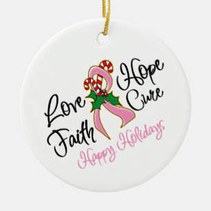 Breast Cancer Hope Love Cure Happy Holidays Ceramic Ornament