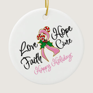 Breast Cancer Hope Love Cure Happy Holidays Ceramic Ornament
