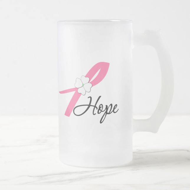 Breast Cancer Hope Ribbon Frosted Glass Beer Mug (Right)