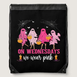 Breast Cancer On Wednesday We Wear Pink Ghost Hall Drawstring Bag