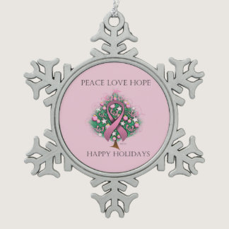 Breast Cancer Peace Love Hope Snowflake Pewter Christmas Ornament