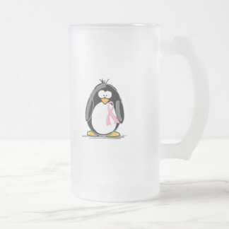 Breast Cancer Penguin Frosted Glass Beer Mug