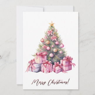 Breast Cancer Pink Christmas Tree Watercolor Art Holiday Card