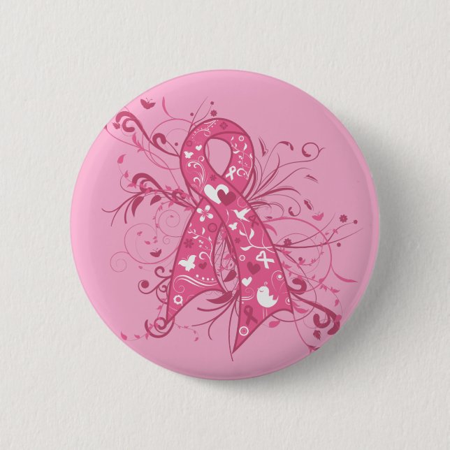 Breast Cancer Pink Floral Ribbon Swirl Button (Front)