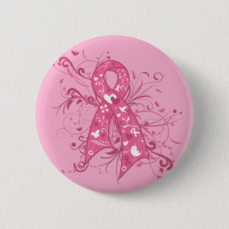 Breast Cancer Pink Floral Ribbon Swirl Button