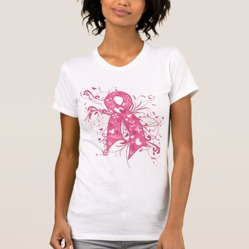Breast Cancer Pink Floral Ribbon Swirl T_Shirt