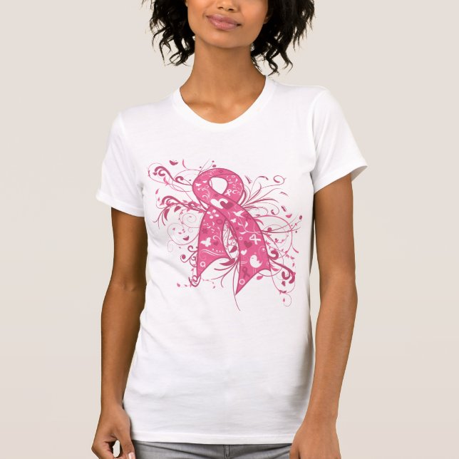 Breast Cancer Pink Floral Ribbon Swirl T-Shirt (Front)