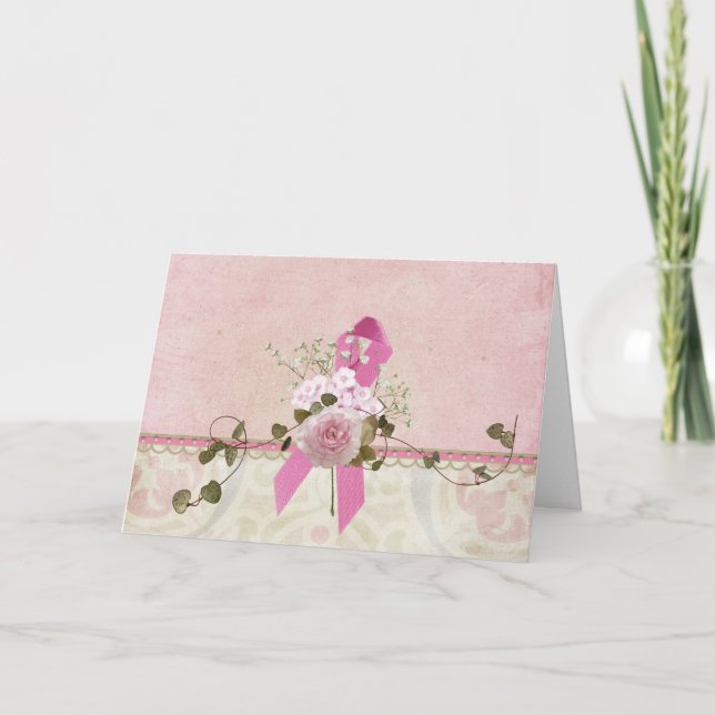 Breast Cancer Pink Ribbon and Rose Card (Front)