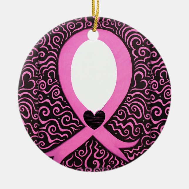 Breast Cancer Pink Ribbon Frame add image/text Ceramic Ornament (Front)