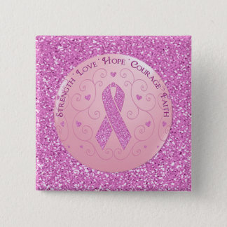 Breast Cancer Pink Ribbon Glitter Button