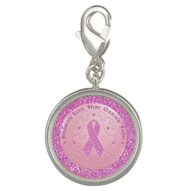 Breast Cancer Pink Ribbon Glitter Charm (Front)