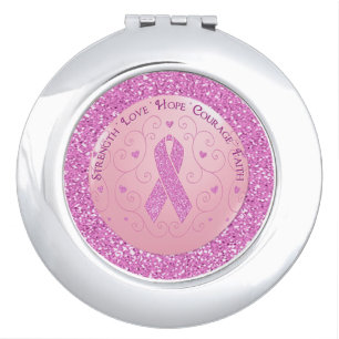 Breast Cancer Pink Ribbon Glitter Compact Mirror