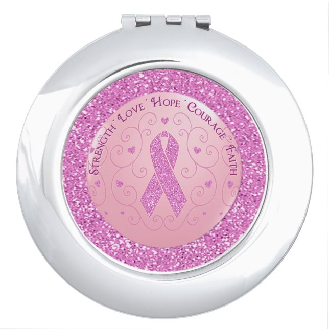Breast Cancer Pink Ribbon Glitter Compact Mirror  (Front)