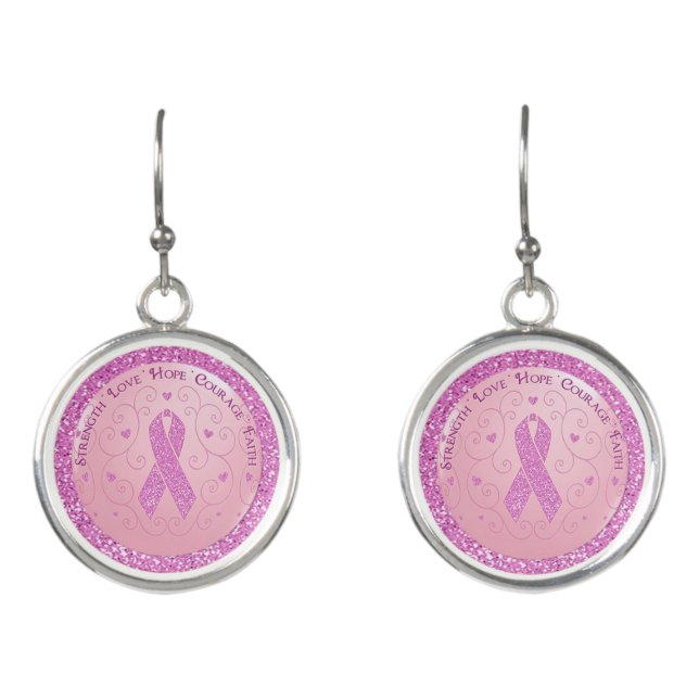 Breast Cancer Pink Ribbon Glitter  Earrings (Front)