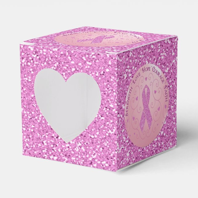 Breast Cancer Pink Ribbon Glitter Heart Favor Box (Front Side)