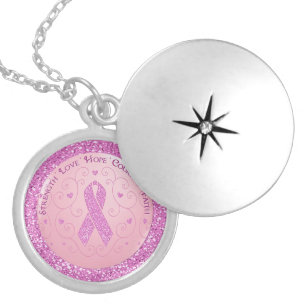 Breast Cancer Pink Ribbon Glitter Locket Necklace