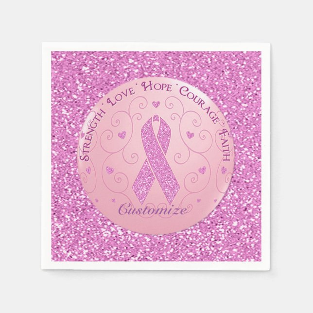 Breast Cancer Pink Ribbon Glitter Napkins (Front)