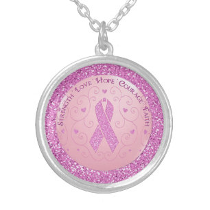 Breast Cancer Pink Ribbon Glitter Necklace