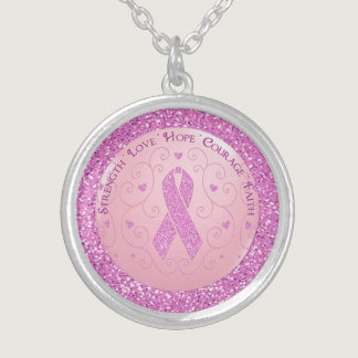 Breast Cancer Pink Ribbon Glitter Necklace