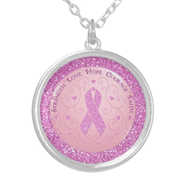 Breast Cancer Pink Ribbon Glitter Necklace (Front)
