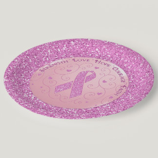 Breast Cancer Pink Ribbon Glitter Paper Plates