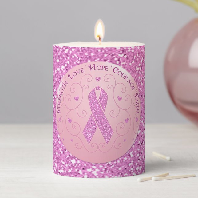 Breast Cancer Pink Ribbon Glitter Pillar Candle (In Situ)