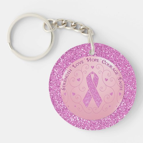 Breast Cancer Pink Ribbon Glitter Round Key Chain