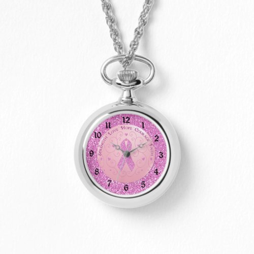 Breast Cancer Pink Ribbon Glitter   Watch