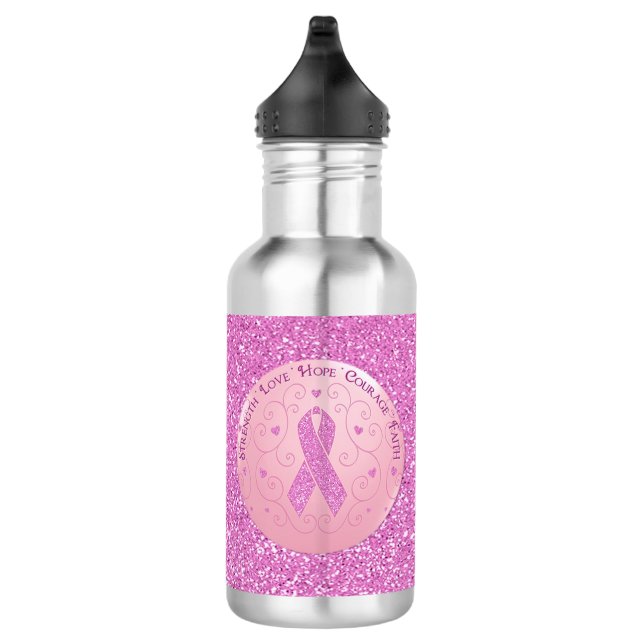 Breast Cancer Pink Ribbon Glitter Water Bottle (Right)