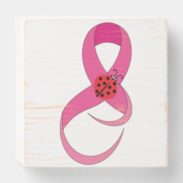 Breast Cancer Pink Ribbon Ladybug Luck Wood Box (Front Horizontal)