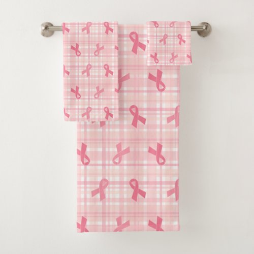 Breast Cancer Pink Ribbon Plaid Pattern Bath Towel Set