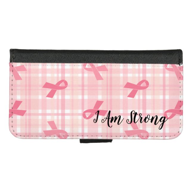 Breast Cancer Pink Ribbon Plaid Pattern iPhone Wallet Case (Front (Horizontal))