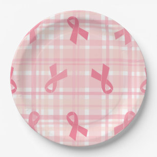 Breast Cancer Pink Ribbon Plaid Pattern Paper Plates