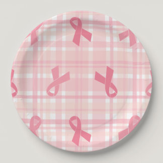 Breast Cancer Pink Ribbon Plaid Pattern Paper Plates