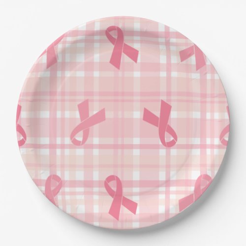 Breast Cancer Pink Ribbon Plaid Pattern Paper Plates