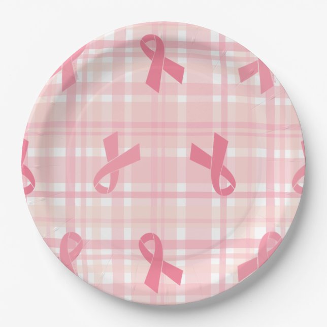 Breast Cancer Pink Ribbon Plaid Pattern Paper Plates (Front)