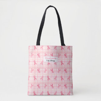 Breast Cancer Pink Ribbon Plaid Pattern Tote Bag