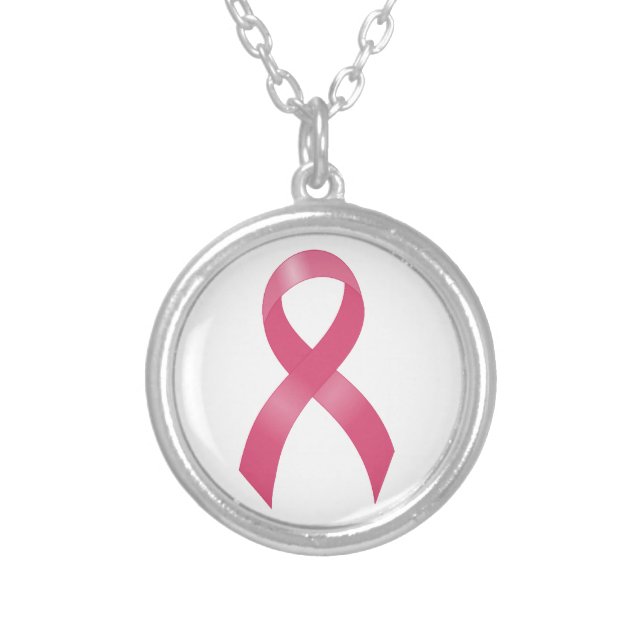 Breast Cancer Pink Ribbon Silver Plated Necklace (Front)