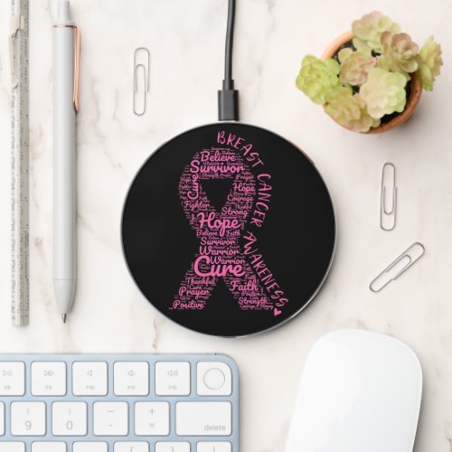 Breast Cancer Pink Ribbon With Positive Words Wireless Charger