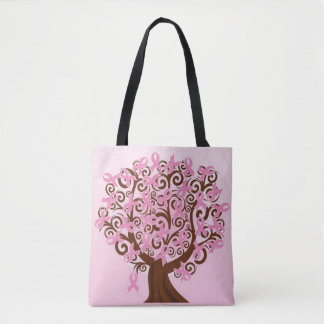 Breast cancer pink ribbons tree tote