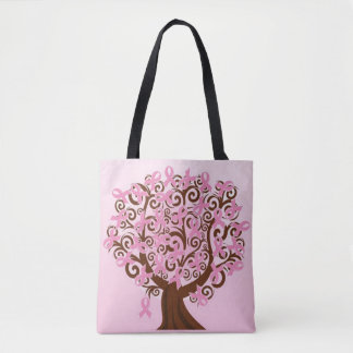 Breast cancer pink ribbons tree tote bag